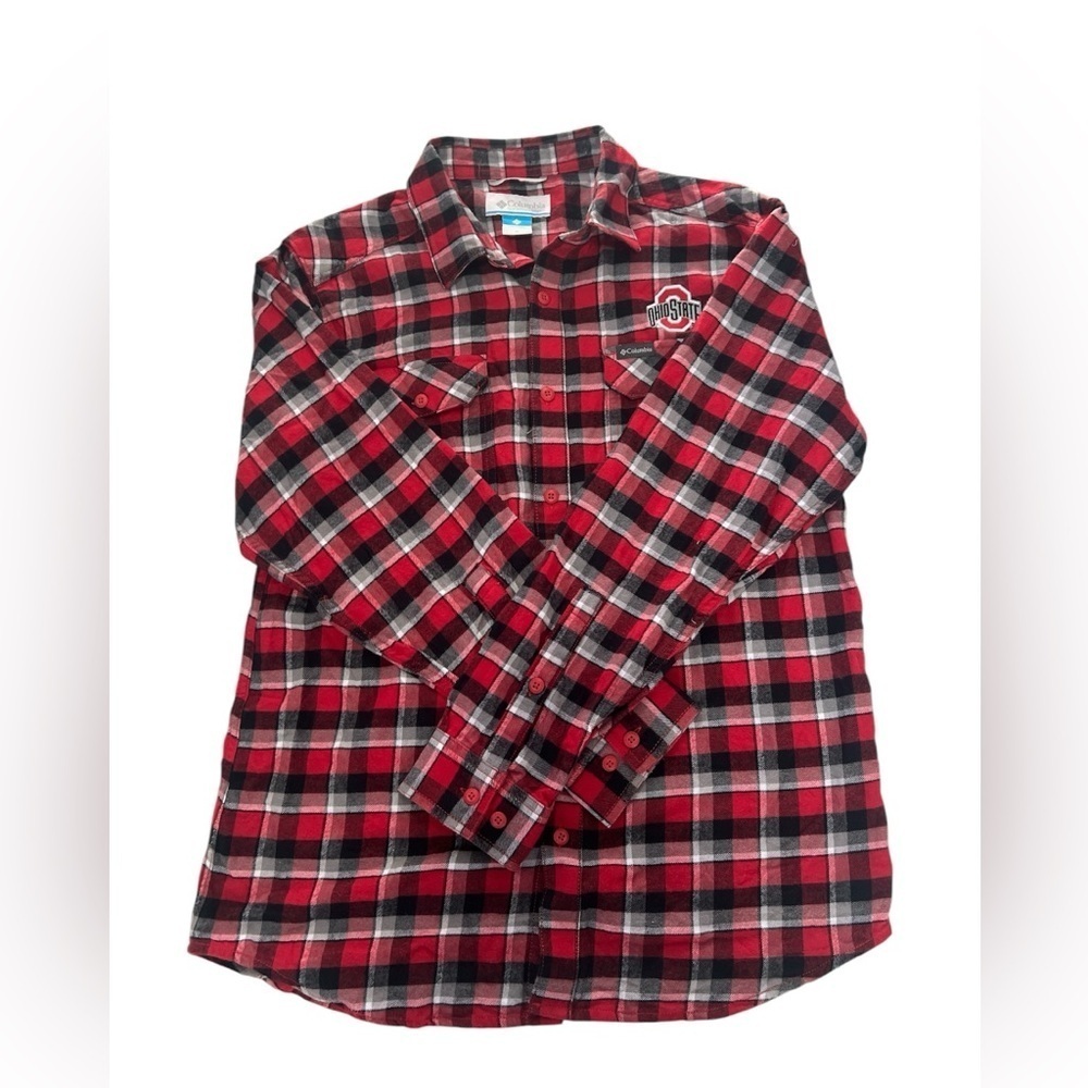Columbia Men's Red and Black Plaid Shirt Ohio state M